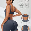 A woman models a dark gray, breathable 4-way stretch athletic jumpsuit designed for comfort and tummy control.