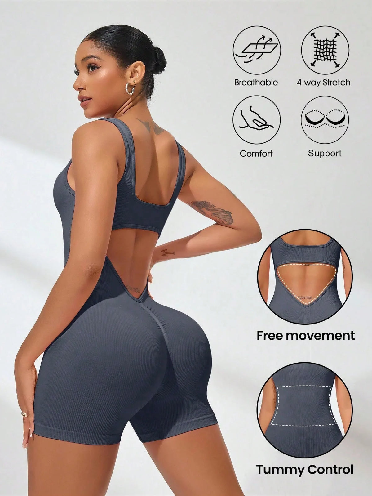 A woman models a dark gray, breathable 4-way stretch athletic jumpsuit designed for comfort and tummy control.
