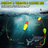 A fishing rig setup showing a float, fishing beads, durable swivels, and a circle hook with a catfish swimming below.