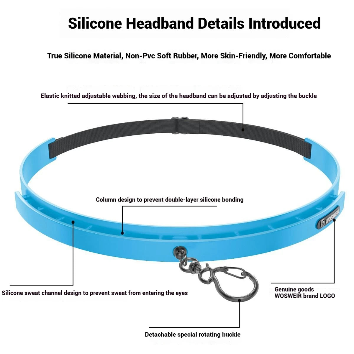 Bandeau en silicone bleu avec sangle élastique noire et boucle rotative spéciale amovible