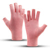 A pair of pink fingerless compression gloves shown against a white background.