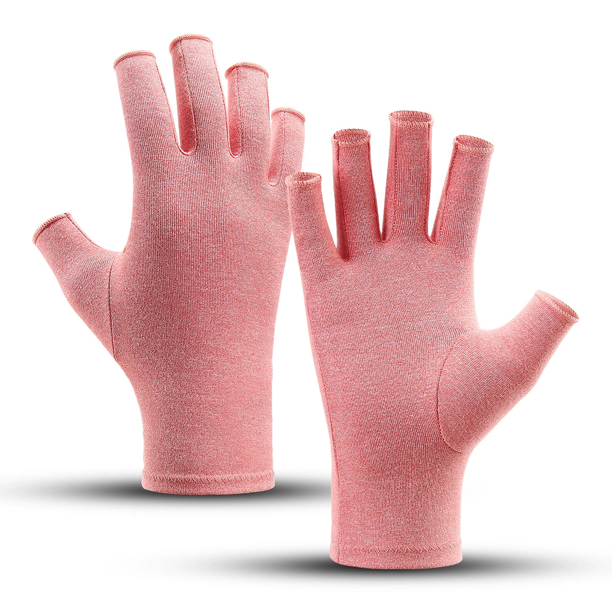 A pair of pink fingerless compression gloves shown against a white background.