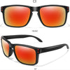 Front view of black sunglasses with orange lenses shown at a 45-degree angle.