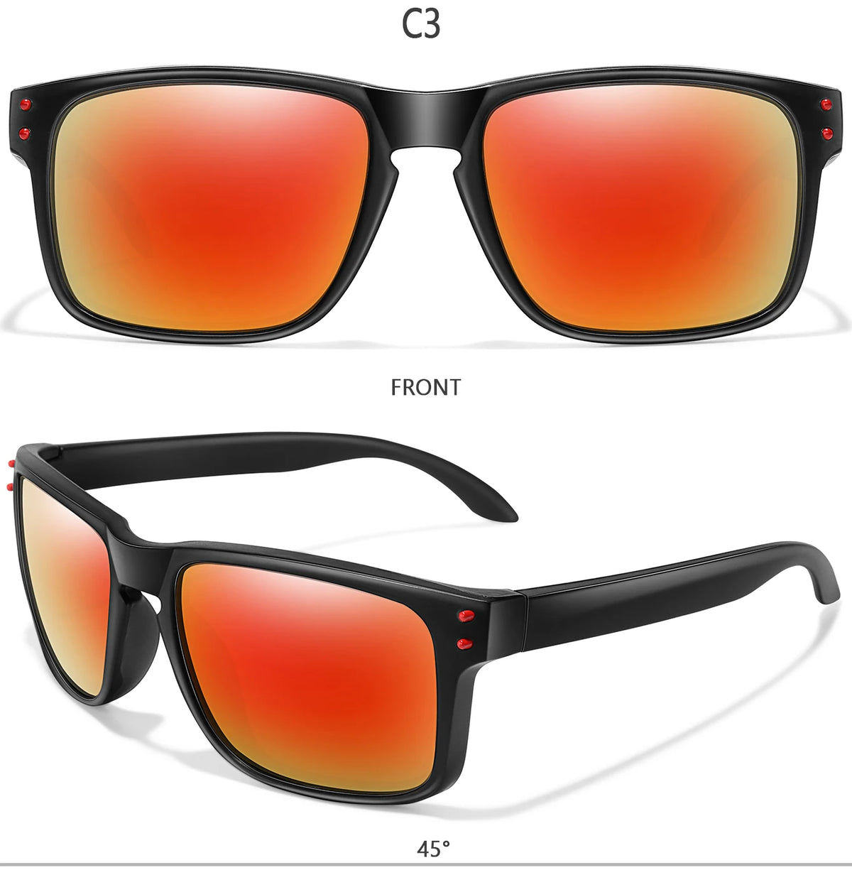 Front view of black sunglasses with orange lenses shown at a 45-degree angle.