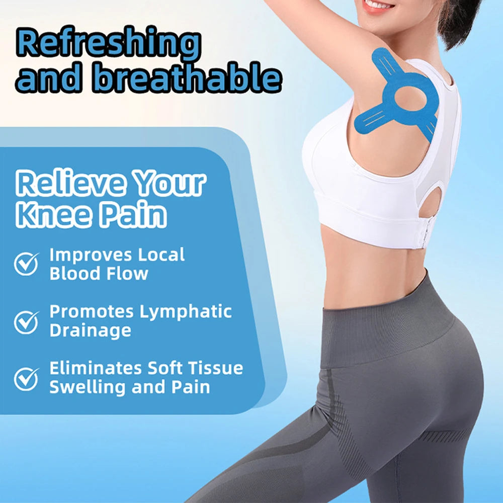 A woman is shown wearing a white kinesiology tape brace on her knee while exercising.
