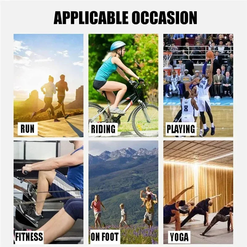 Various activities like running, riding, playing, and fitness are shown with an ankle support compression sleeve.