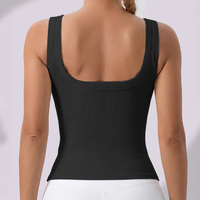 Black racerback padded tank top worn by a woman, shown from the back.