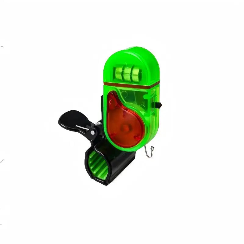 A bright green clip-on fishing bite alarm with an LED flash light.