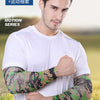 A male model wearing white athletic clothing and camouflage green arm sleeves for UV protection.