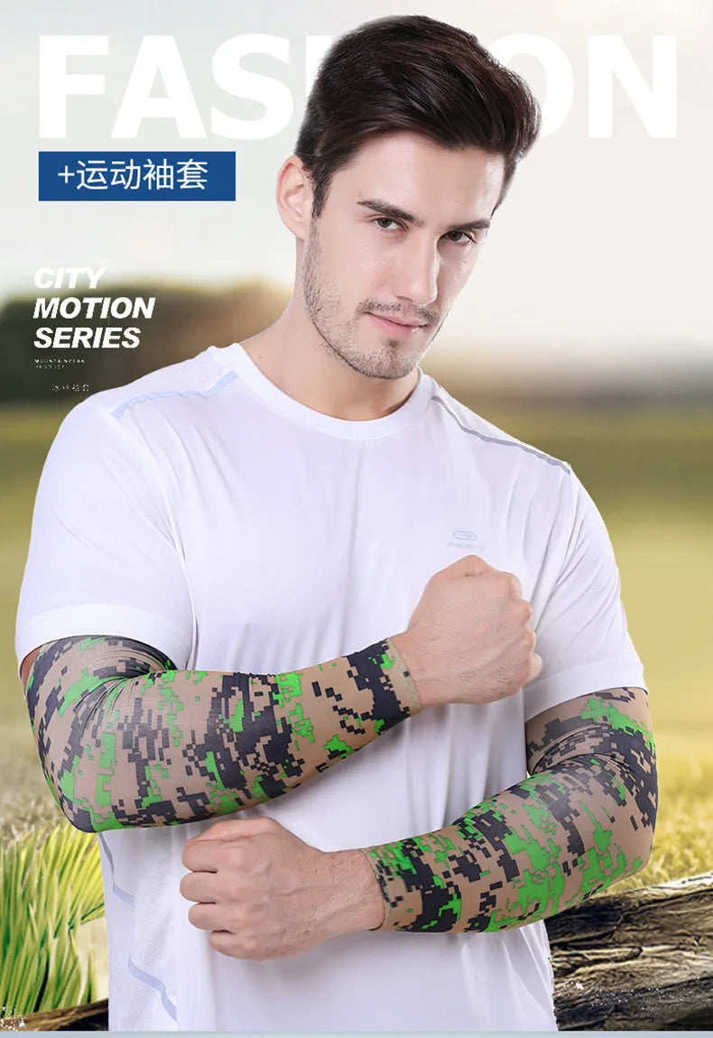 A male model wearing white athletic clothing and camouflage green arm sleeves for UV protection.