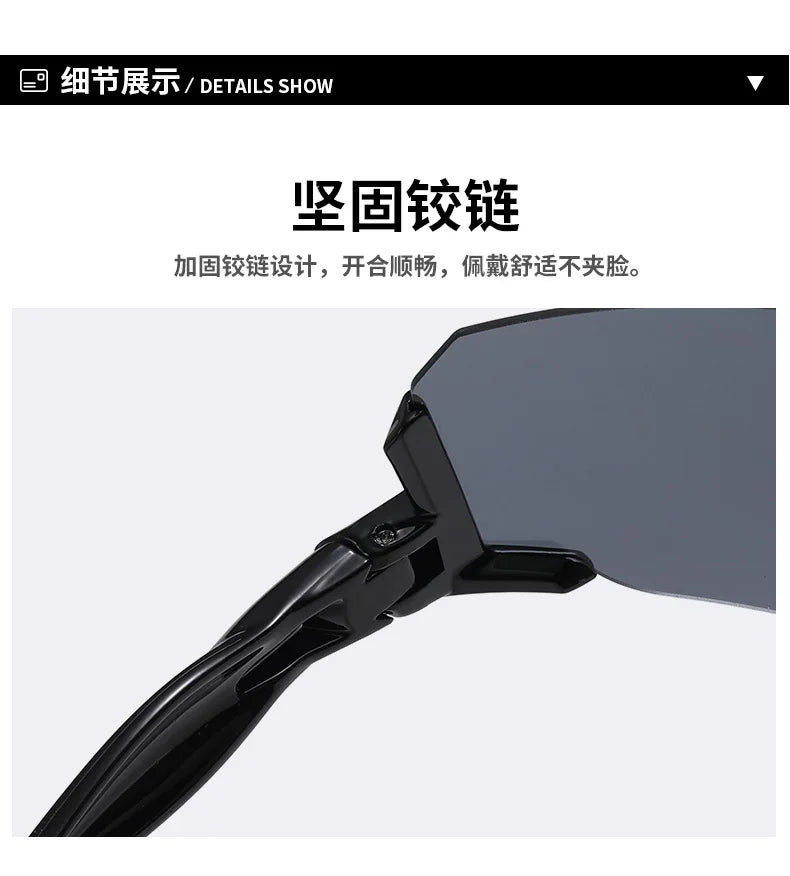 A close-up view of black adjustable square sunglasses with a flexible frame and dark lens.