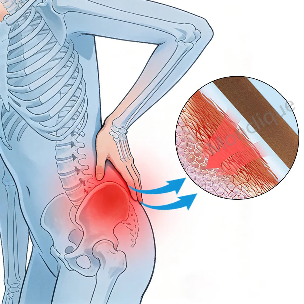 Diagram showing a human leg with an enlarged area of muscle tissue and blood vessels, illustrating muscle relaxation patches.