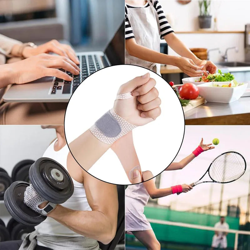 Hands demonstrate the ultra-thin spandex wrist guard for joint support on various activities.