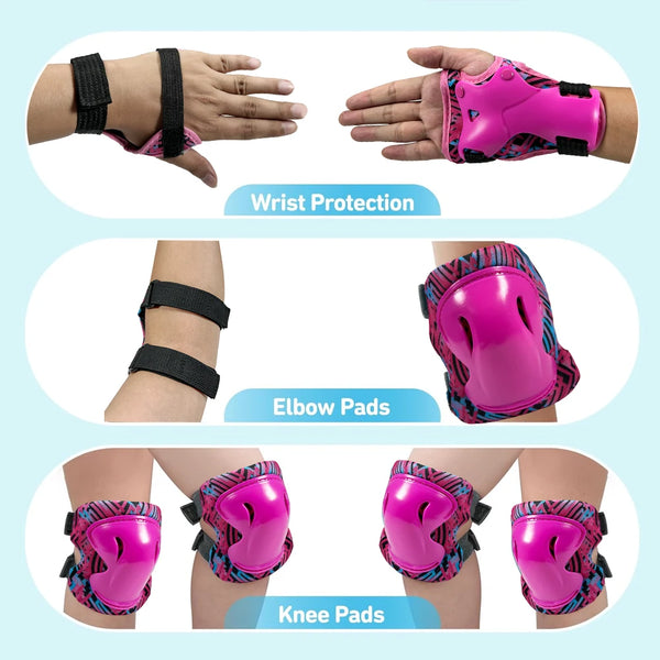 A set of protective gear including wrist, elbow, and knee pads for skates and scooters in pink and black.