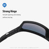 Close-up view of black polarized sunglasses showing a strong hinge mechanism.