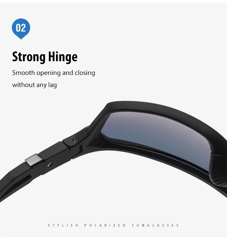 Close-up view of black polarized sunglasses showing a strong hinge mechanism.