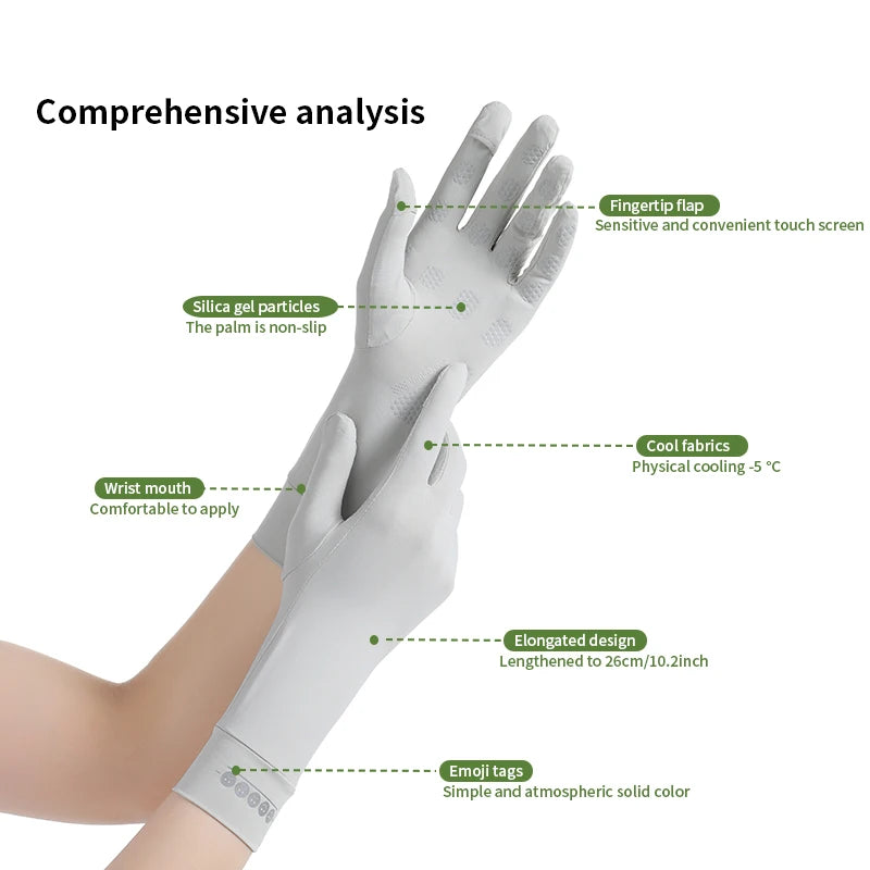 White UV protection driving gloves shown on a hand, highlighting features like fingertip flaps and cool fabrics.