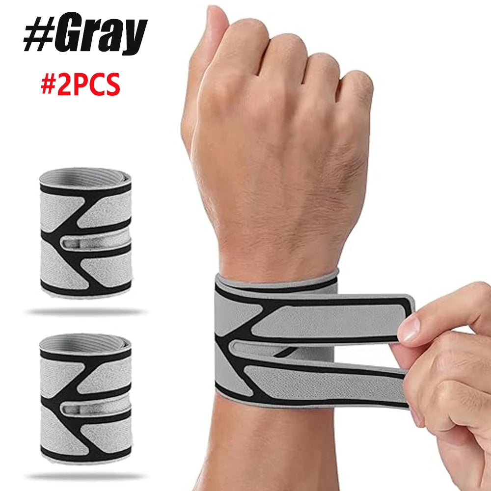 Two gray dual wrist support braces shown on a hand for relief