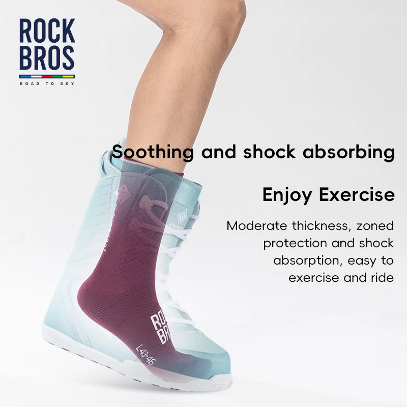 A close-up of a person wearing Rock Bros road to sky cycling socks with pink and light blue accents.