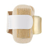A beige adjustable toe splint with a white strap and a yellow foam insert.