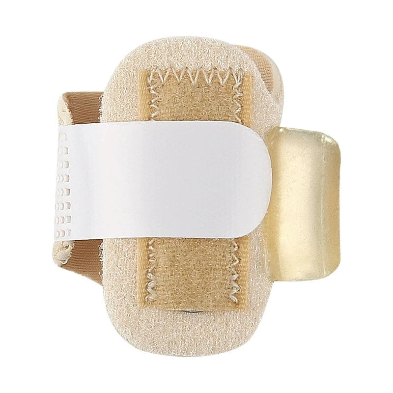 A beige adjustable toe splint with a white strap and a yellow foam insert.