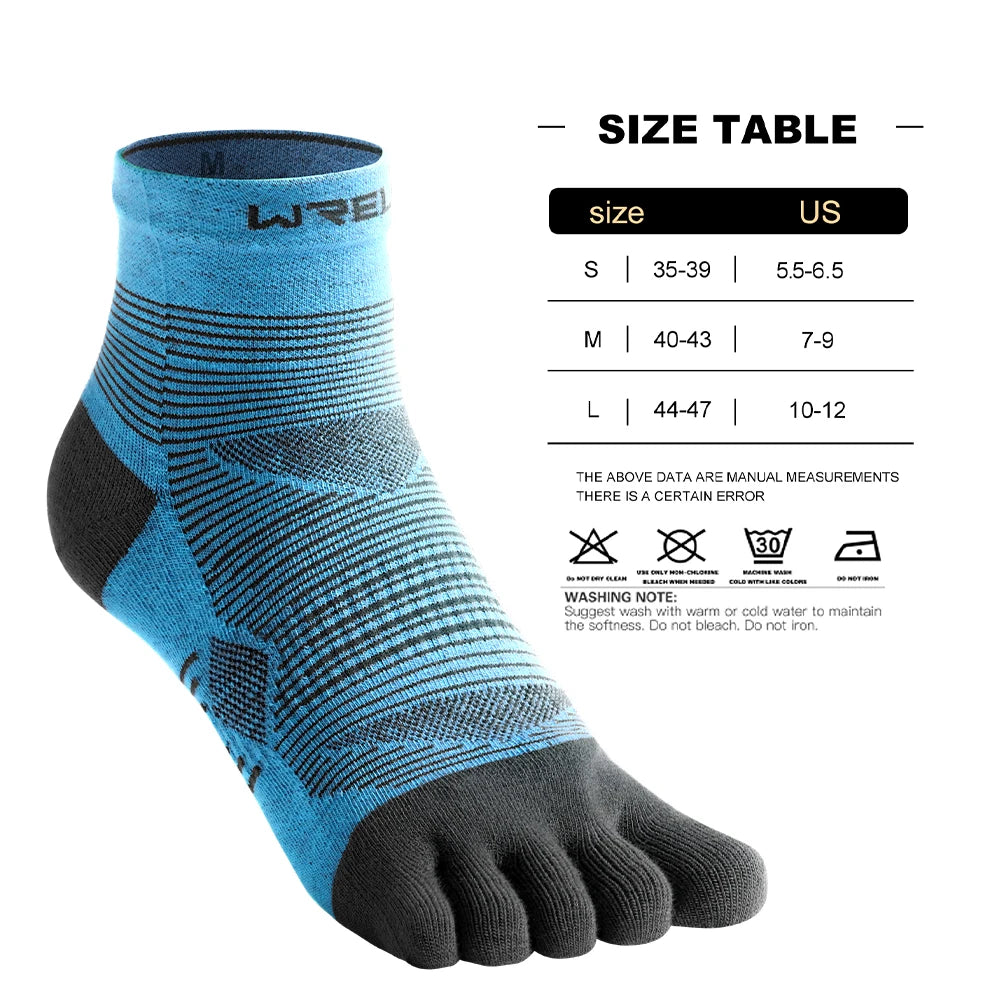 A pair of blue and black five-finger compression socks displayed next to a size table.
