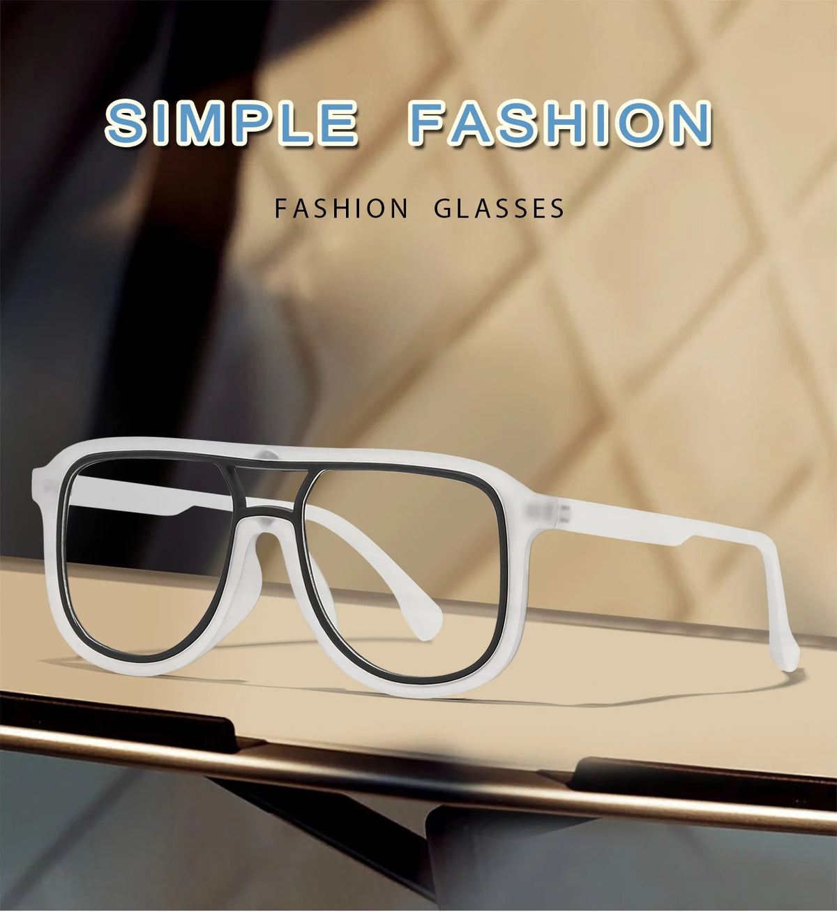 A pair of clear, square fashion glasses with white frames resting on a dark surface.