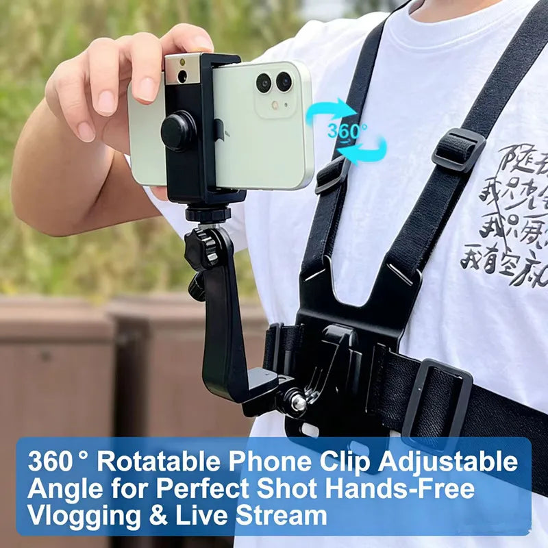A hand holds a smartphone attached to an adjustable chest strap kit for hands-free vlogging or live streaming.