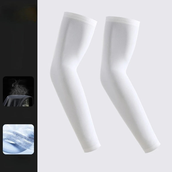 Pair of white ice silk cooling UV arm sleeves shown in a vertical angle.