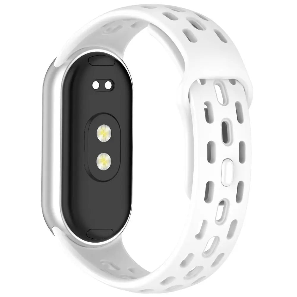 A white silicone smart watch band replacement with a black display and textured outer surface.