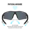 A pair of dark-tinted sports sunglasses with a physical air guide feature.