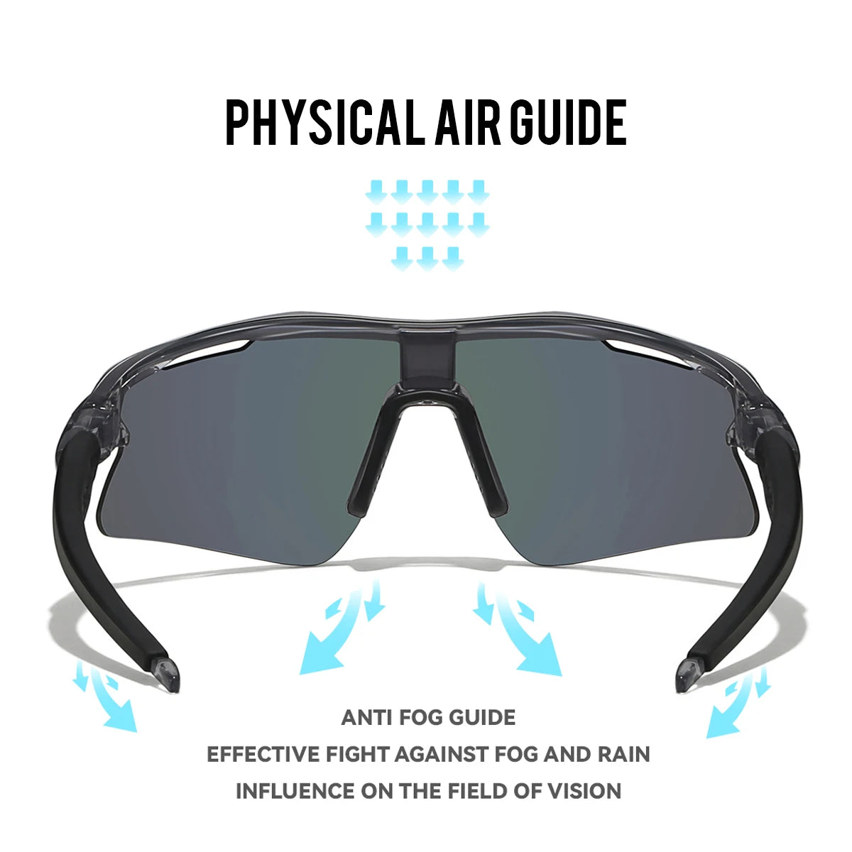 A pair of dark-tinted sports sunglasses with a physical air guide feature.