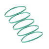 A set of five teal elastic sports headbands coiled in a spiral shape.