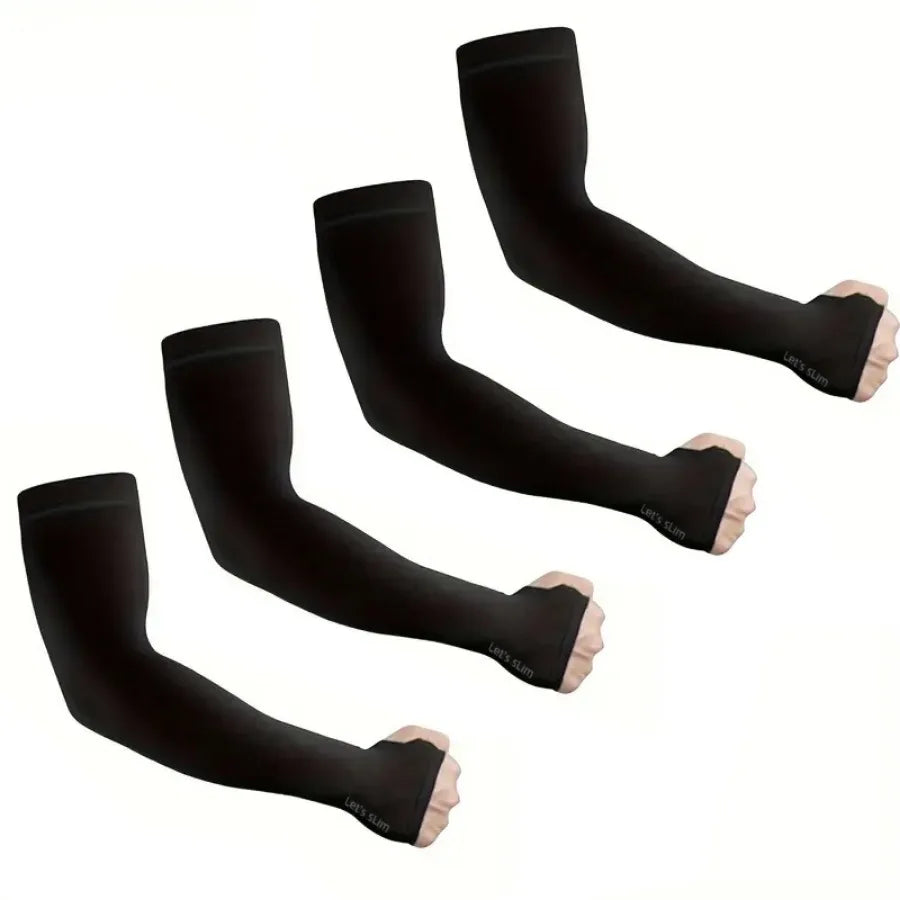 Black summer ice silk sun protection arm sleeves displayed in various rolls.