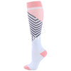 A pair of medical grade compression socks with pink and white stripes.