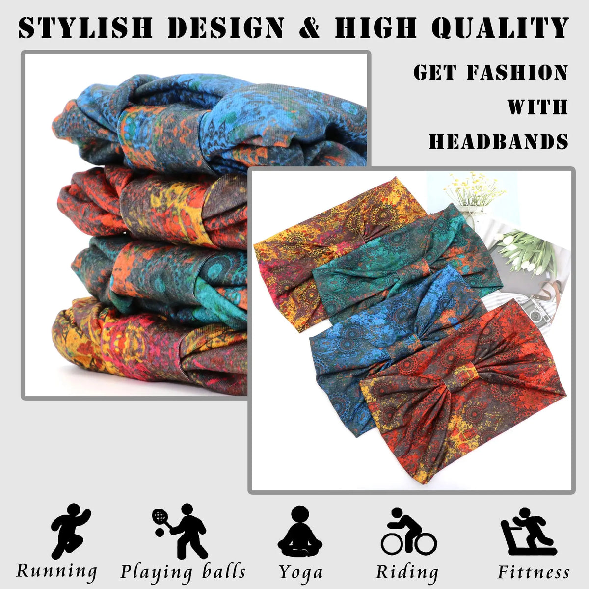A stack of colorful, patterned fabric headbands for fashion and fitness.
