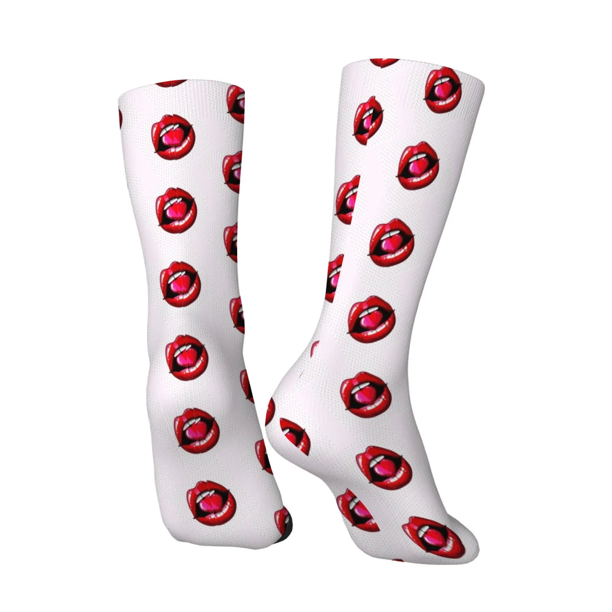 Mid-calf socks with a repeating pattern of red lips on a white background