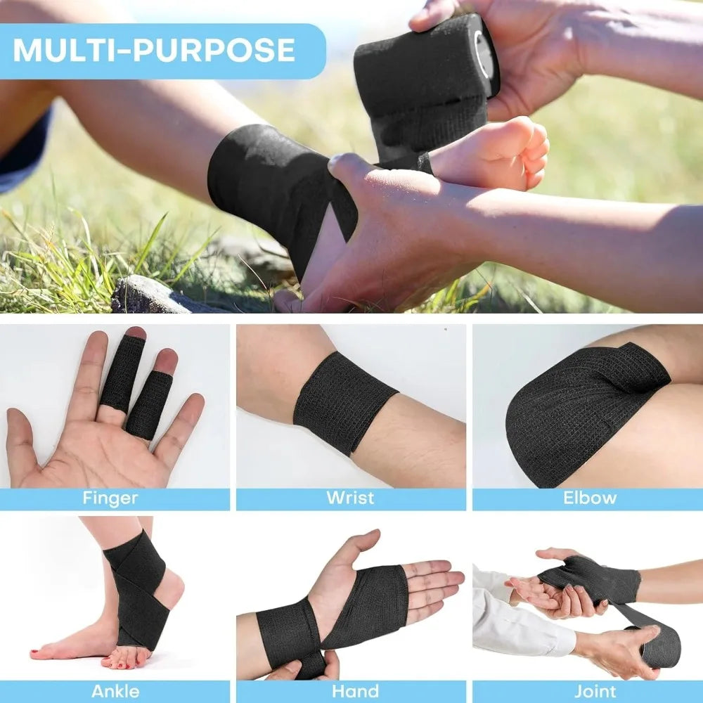 Various applications of a black multi-purpose self-adhesive elastic bandage tape on hands, wrists, elbows, ankles, and joints