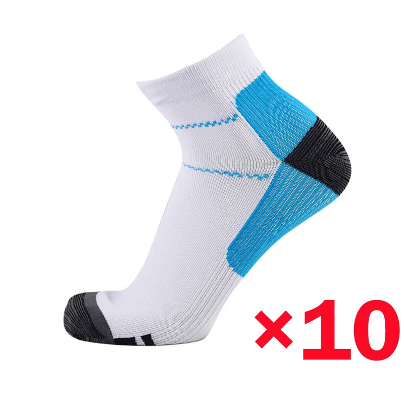 A pair of white ankle compression socks with blue and black accents shown from the side.