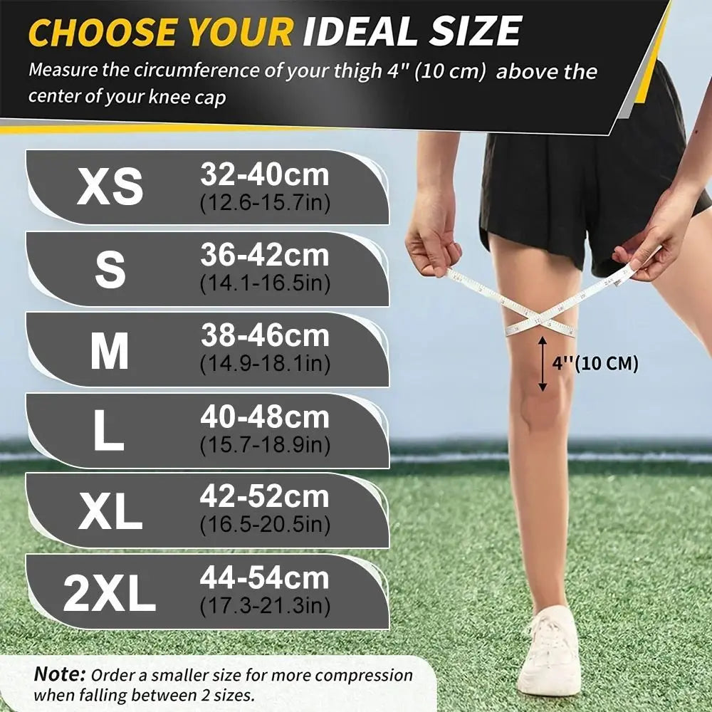 Guide showing sizes for knee calf compression sleeves, ranging from XS to 2XL with corresponding circumference measurements.