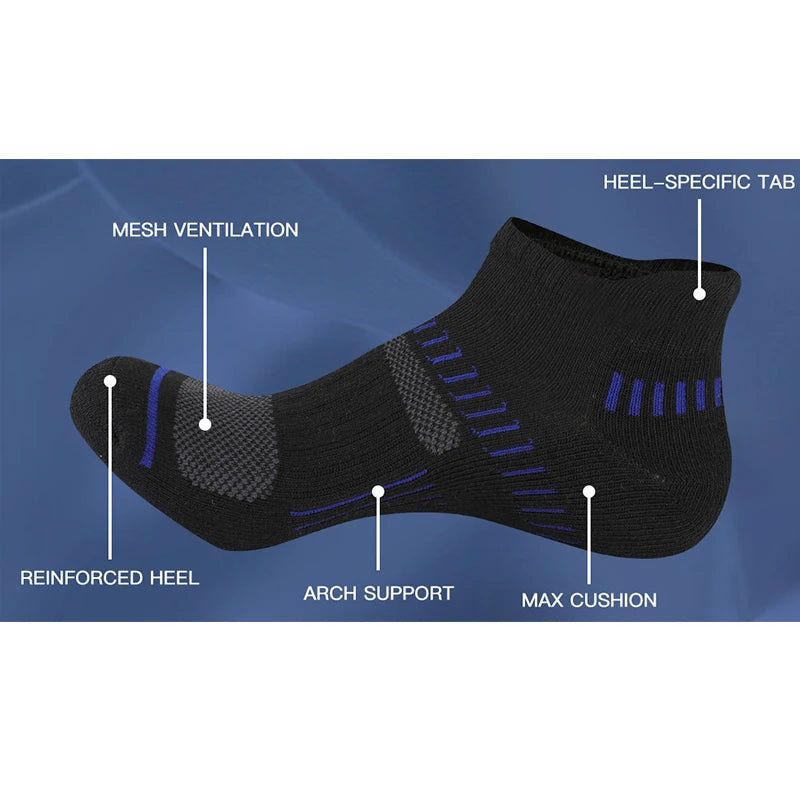 A black athletic sock showing features like mesh ventilation, reinforced heel, arch support, and max cushion.