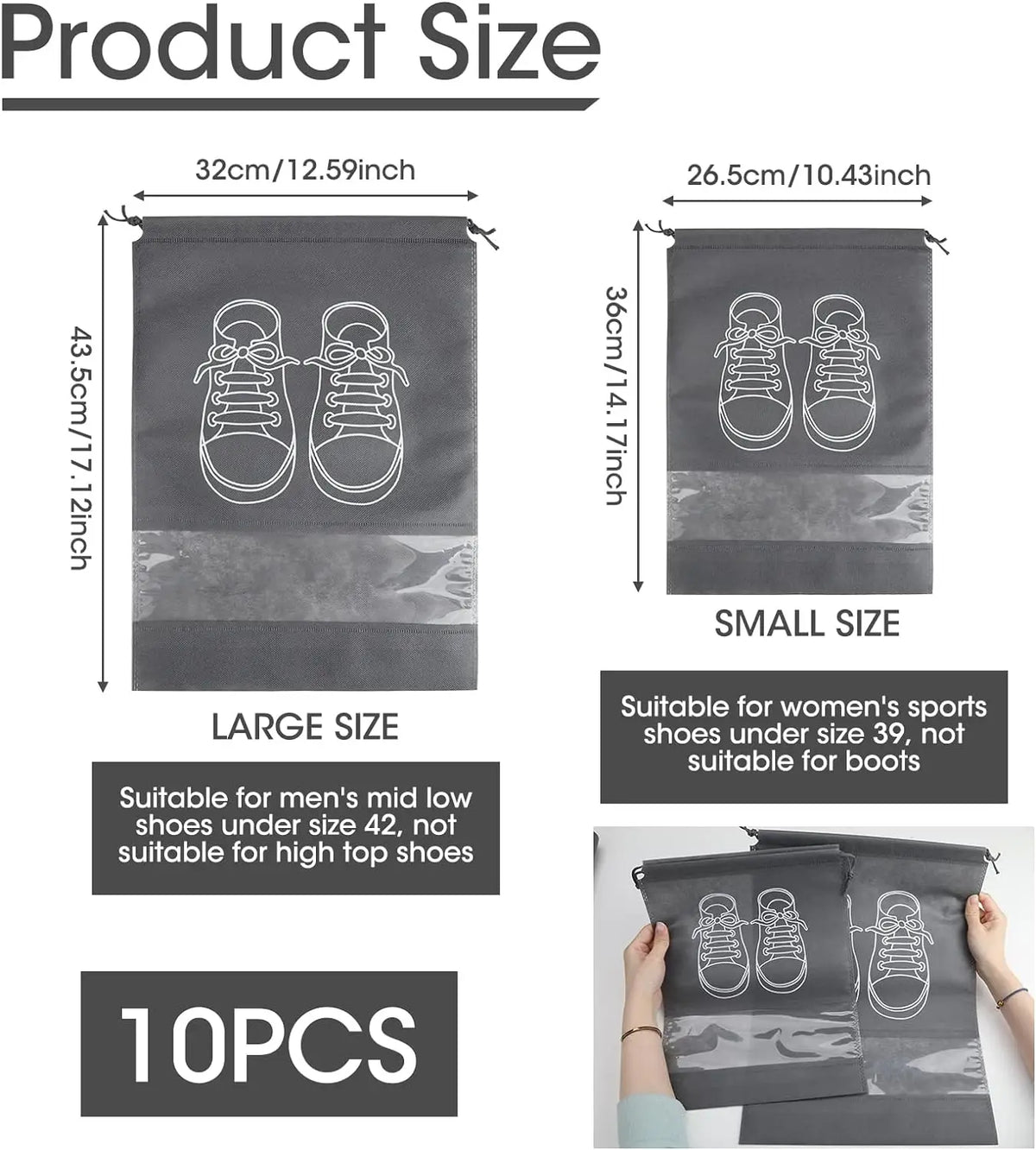 A set of ten reusable non-woven shoe storage bags in gray for storing sports shoes.