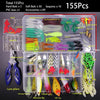 A kit of 155 fishing lures including soft baits, sequins, and various hard baits for fishing.
