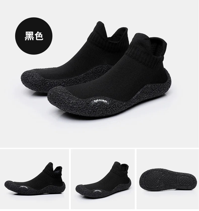 Black summer quick-dry slip-on beach and gym shoes shown from the side and top view.