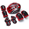 Set aus roter und schwarzer Schutzbekleidung für Kinder, einschließlich Helm, Knieschoner und Ellbogenschützer.
