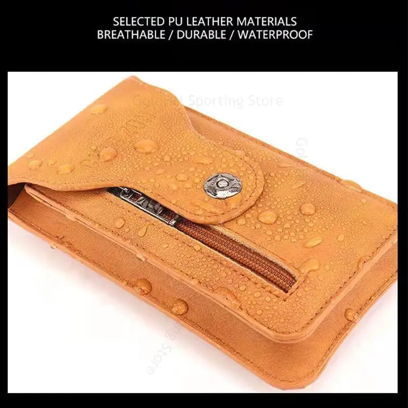 Bolso de cintura plegable o fundas para teléfono de cuero PU marrón con cierre metálico.