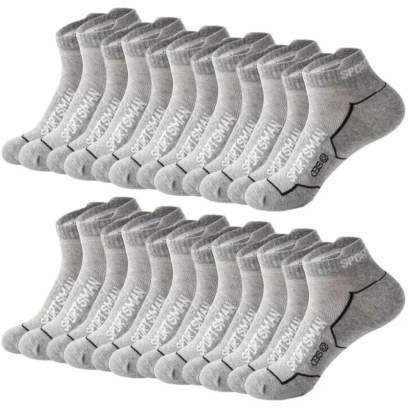 A pack of gray breathable men's athletic socks displayed in a row.