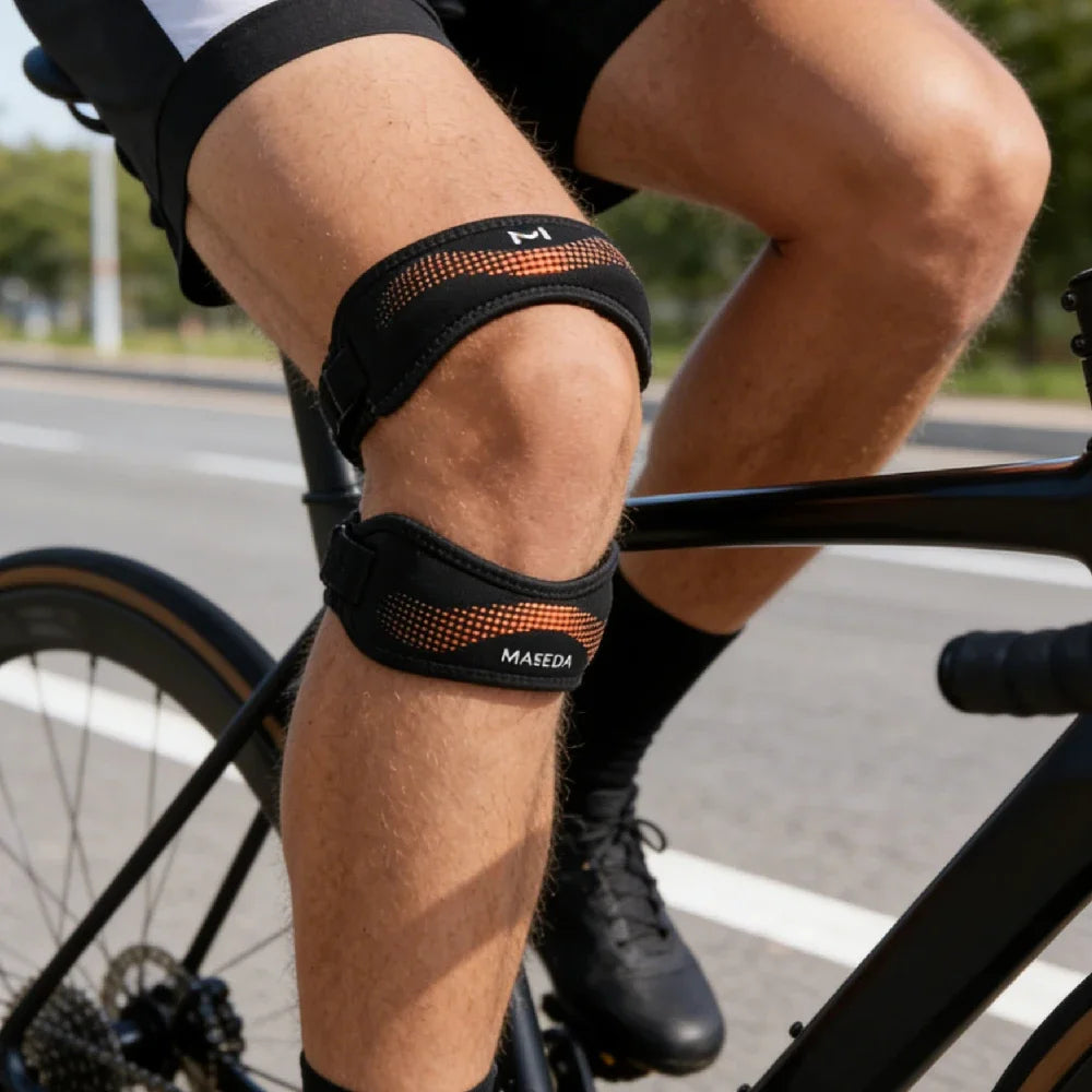 Eine Person trägt einen schwarzen, verstellbaren Knieschoner auf dem Bein beim Fahrradfahren.