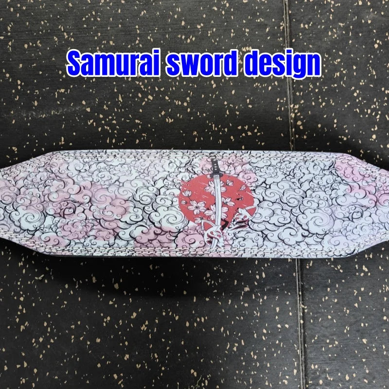 A pink and white patterned samurai sword design on a weightlifting belt.