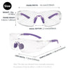 Transparent safety goggles with purple accents showing various dimensions and features.